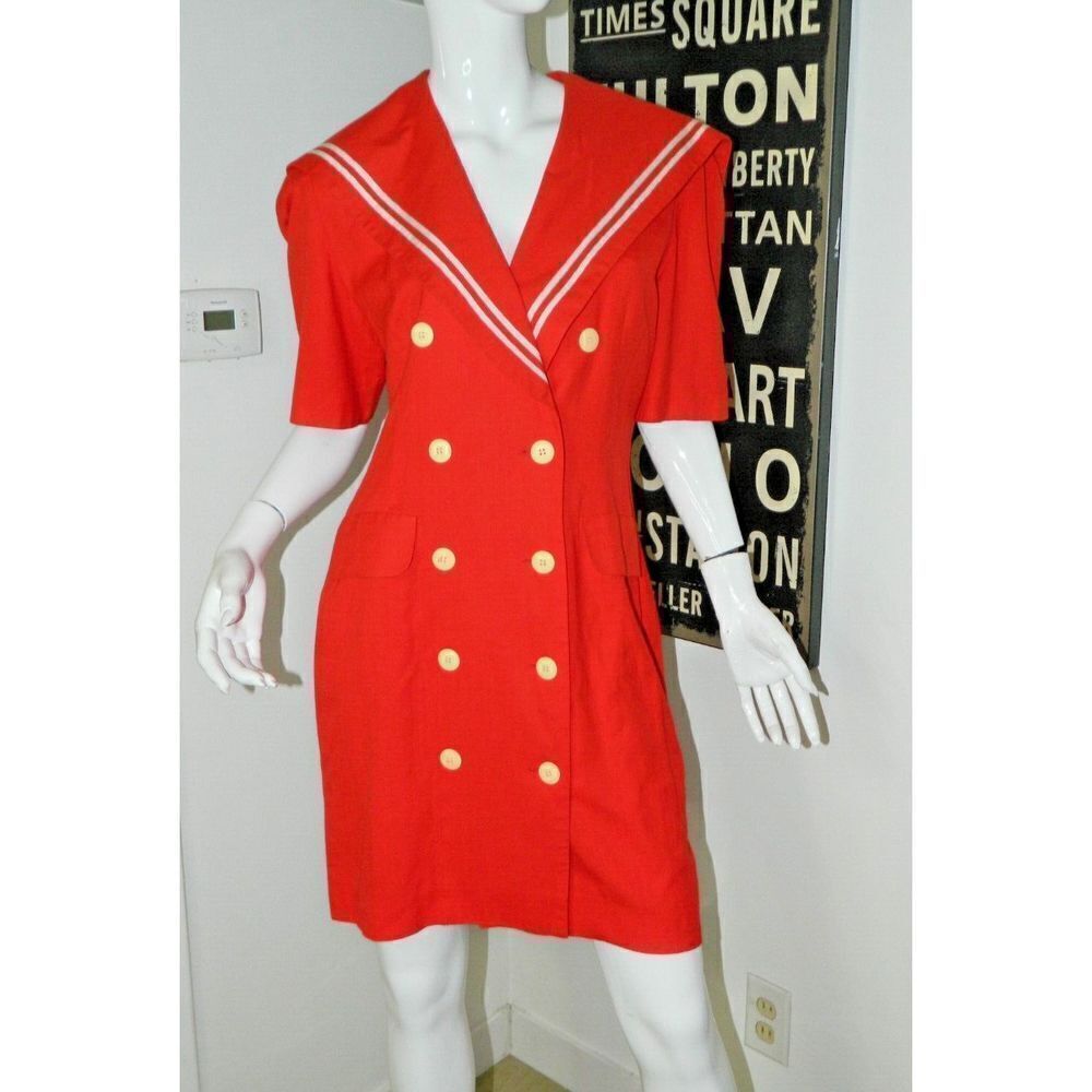 Nipon Boutique Dress Size 8 Red White Sailor Vintage 1980's Linen Blend